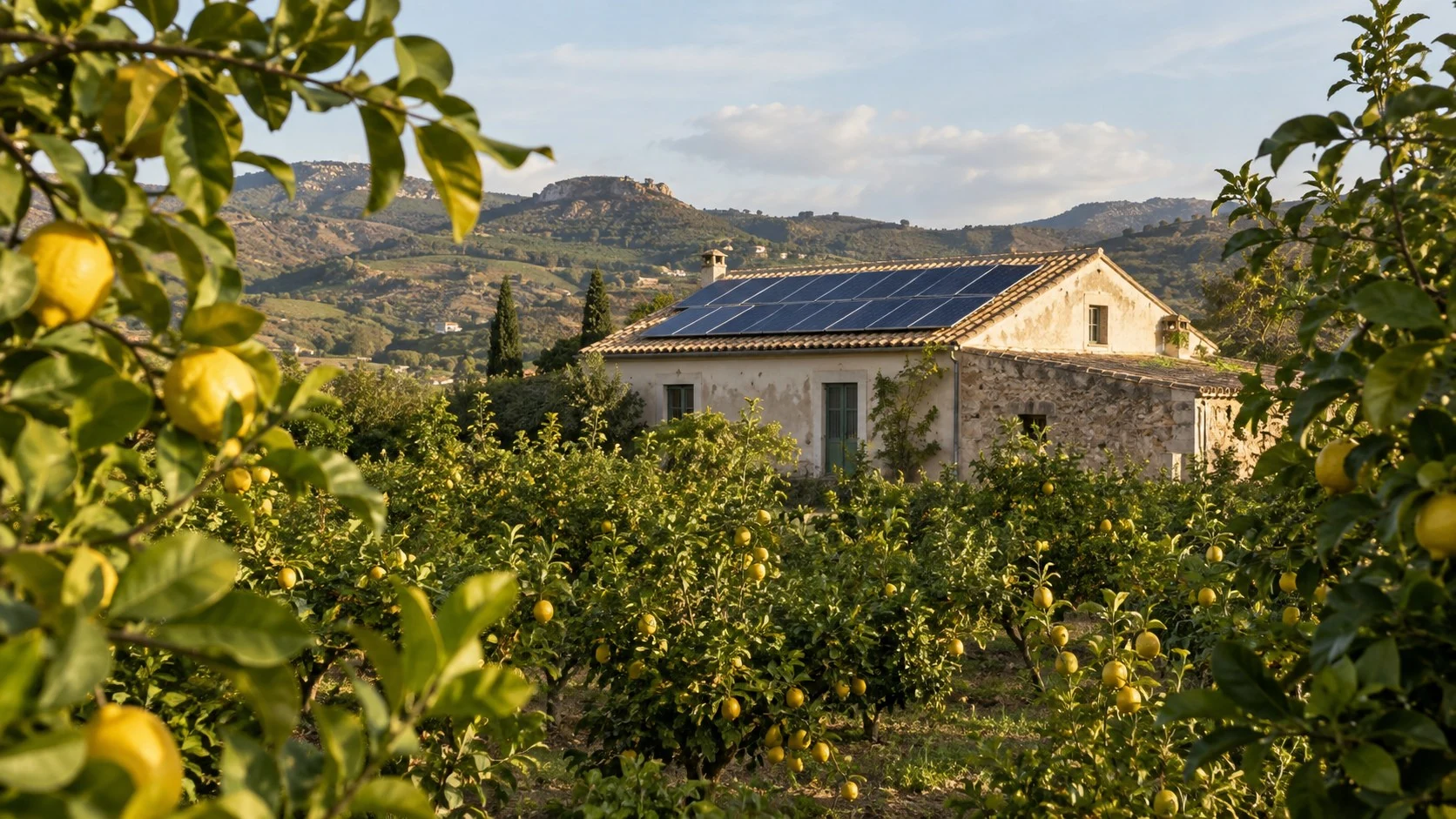 Immagine illustrativa: casa con fotovoltaico circondata da un limoneto